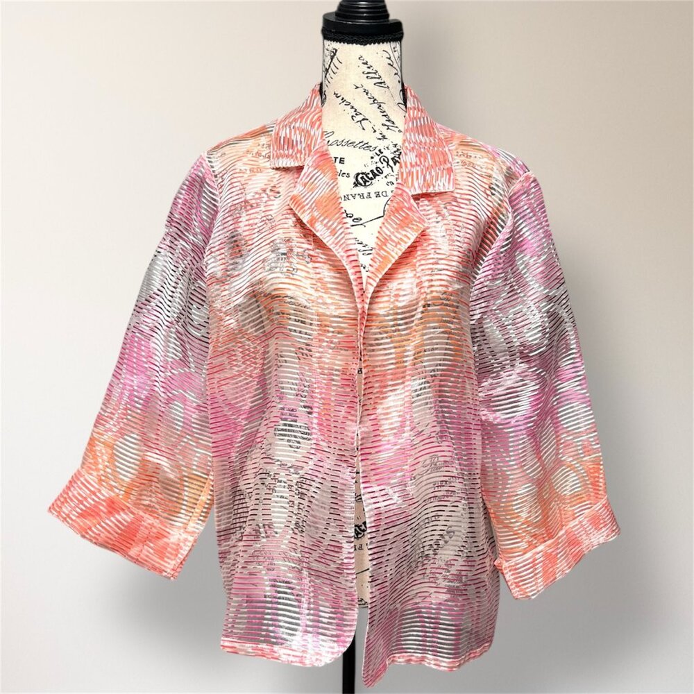 Chico’s XL Pink‎ Cream Burnout Sheer Open Front Lightweight Jacket Layering Boho